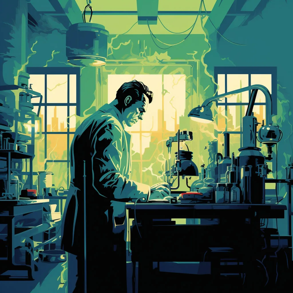 Victor Frankenstein bent over his workbench in a green-lit laboratory