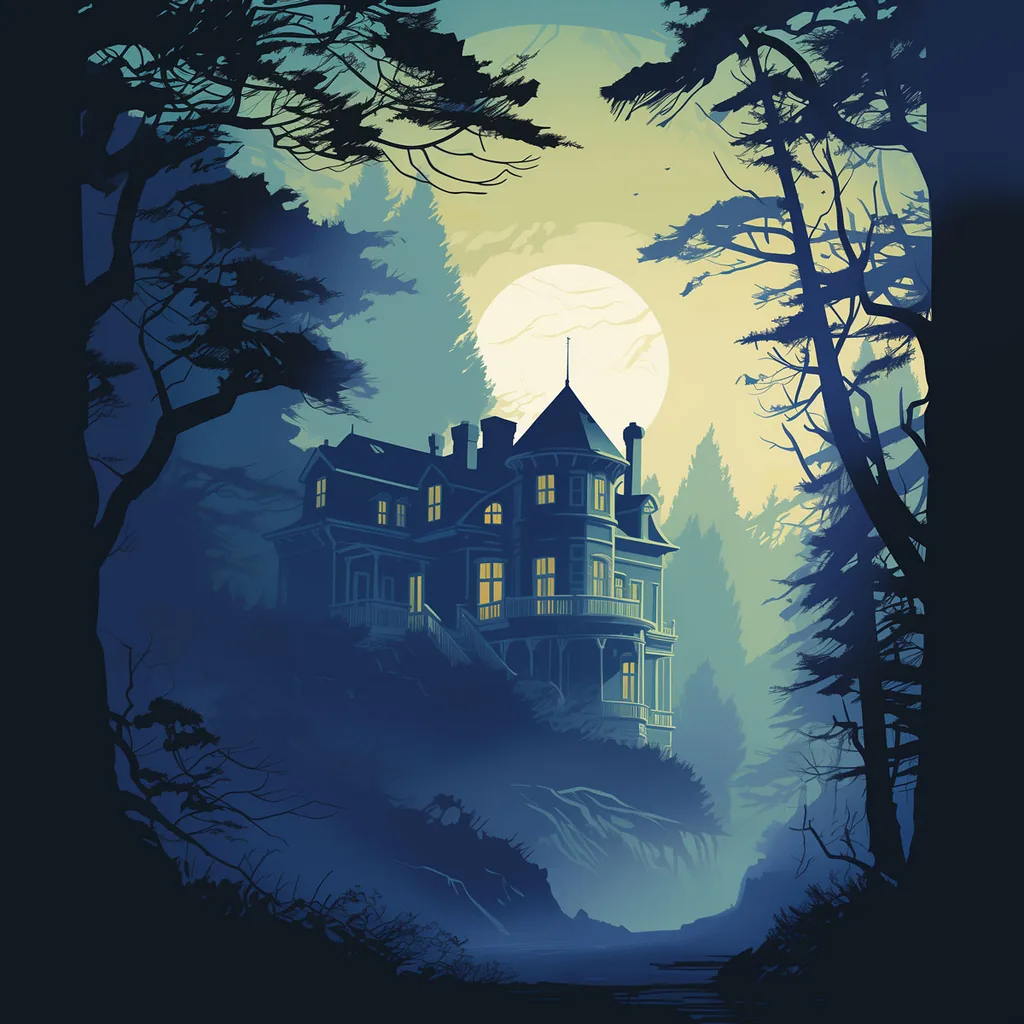 A gothic mansion on a misty hill under a full moon