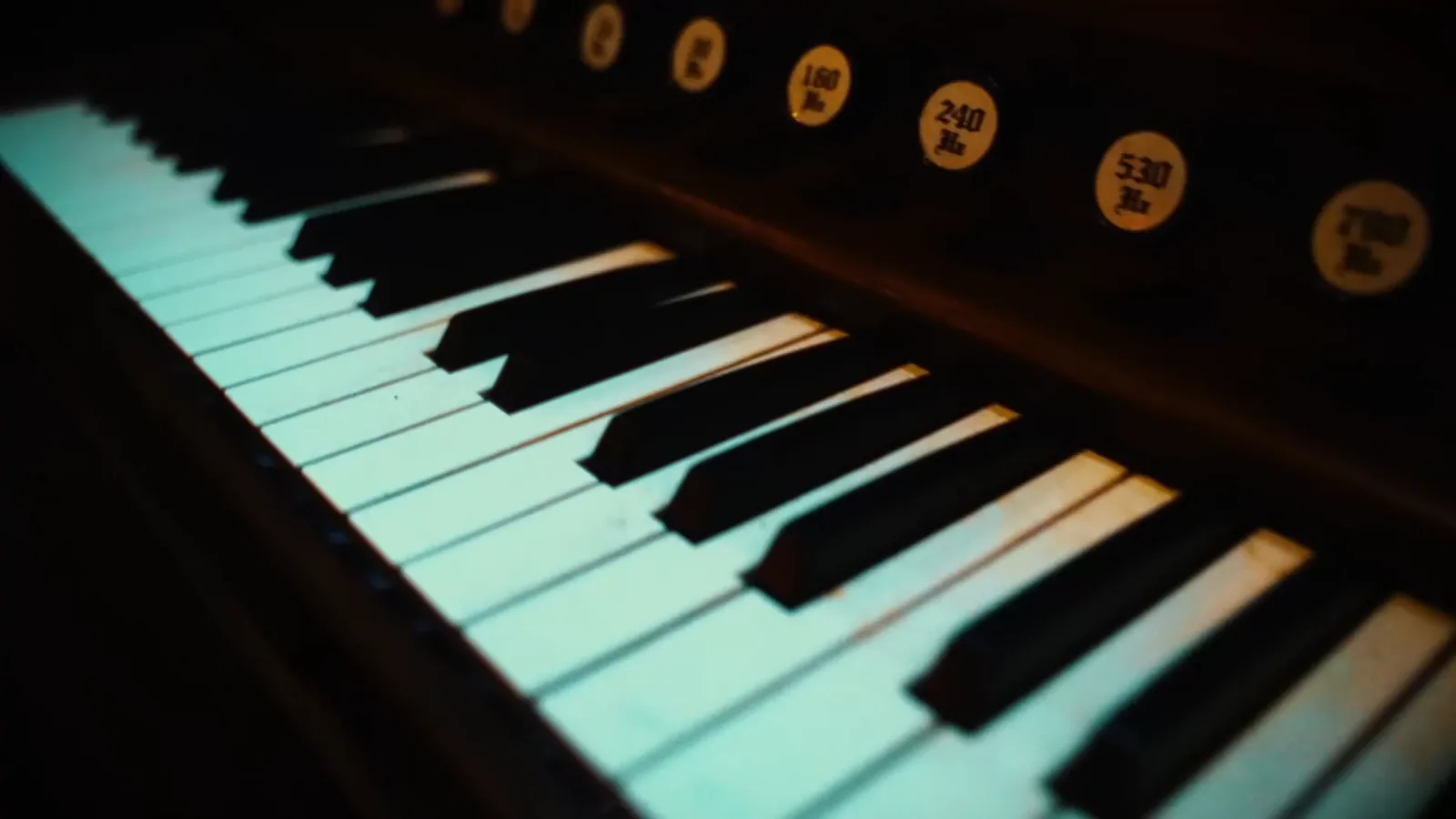 The keys and stops of the pipe organ in the Frankenstein Resurrection laboratory