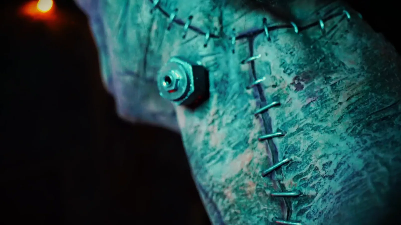 Stitches and a neck bolt on the creature in Frankenstein Resurrection